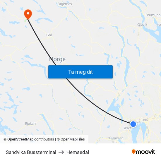 Sandvika Bussterminal to Hemsedal map