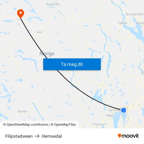 Filipstadveien to Hemsedal map