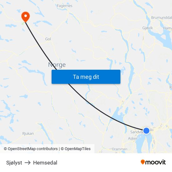 Sjølyst to Hemsedal map