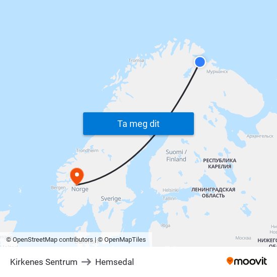 Kirkenes Sentrum to Hemsedal map