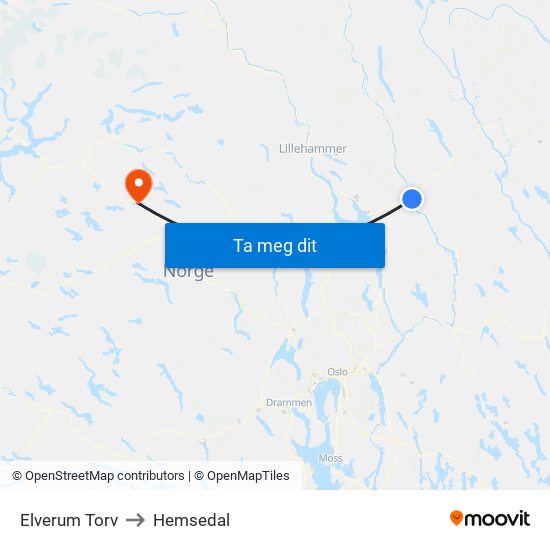 Elverum Torv to Hemsedal map