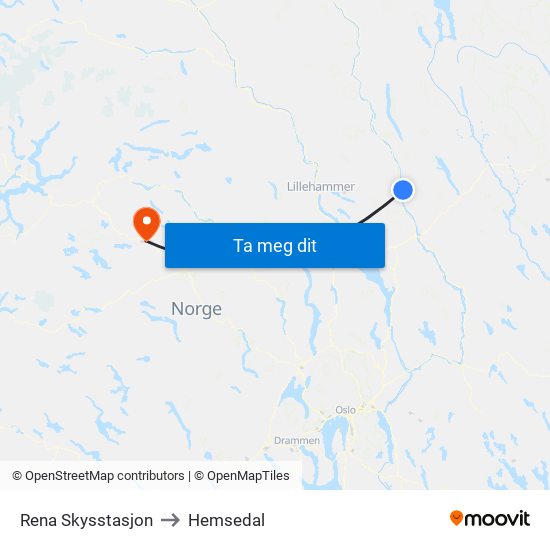 Rena Skysstasjon to Hemsedal map