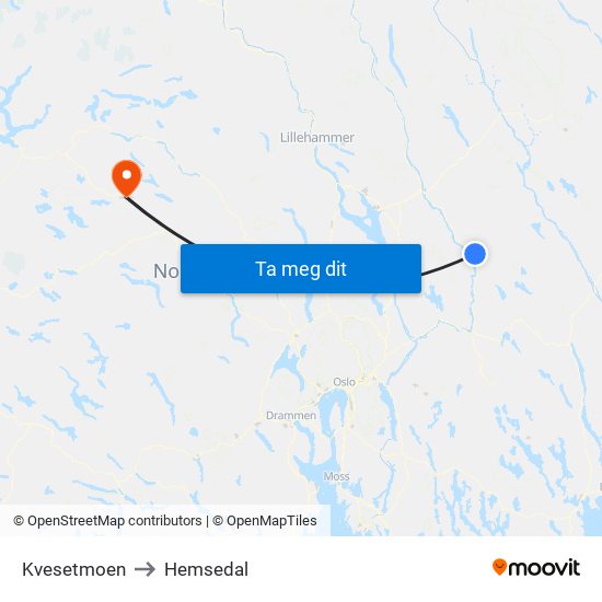 Kvesetmoen to Hemsedal map