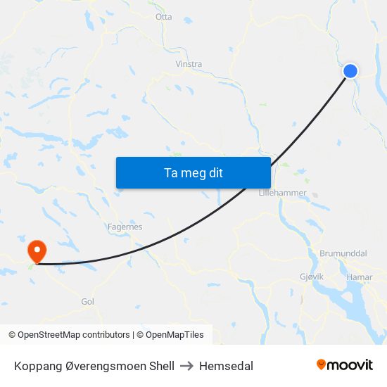 Koppang Øverengsmoen Shell to Hemsedal map