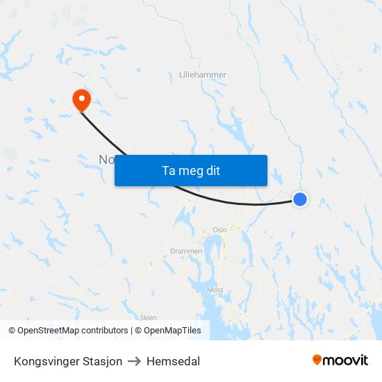 Kongsvinger Stasjon to Hemsedal map