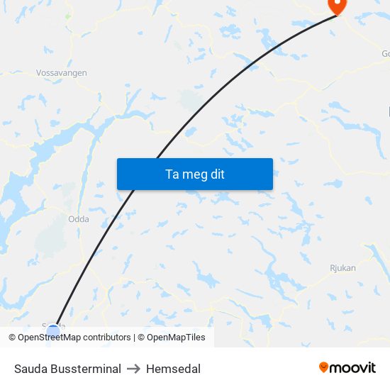 Sauda Bussterminal to Hemsedal map