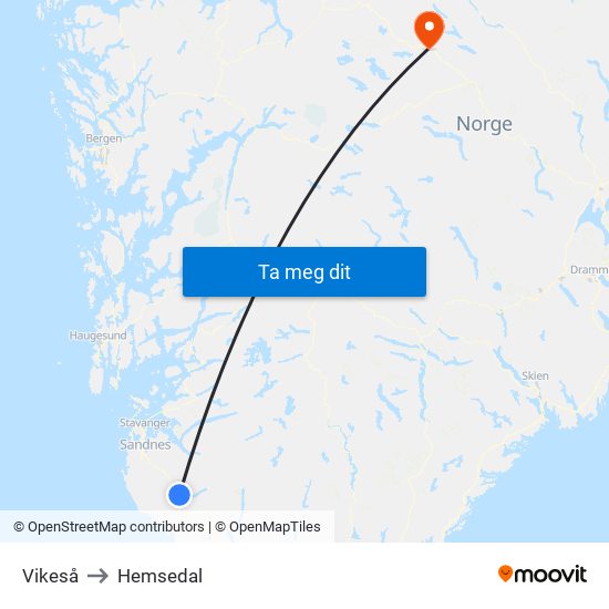 Vikeså to Hemsedal map