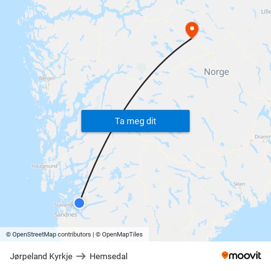 Jørpeland Kyrkje to Hemsedal map