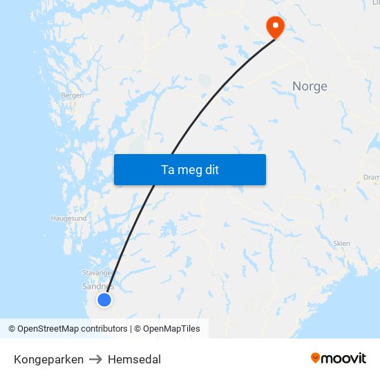 Kongeparken to Hemsedal map