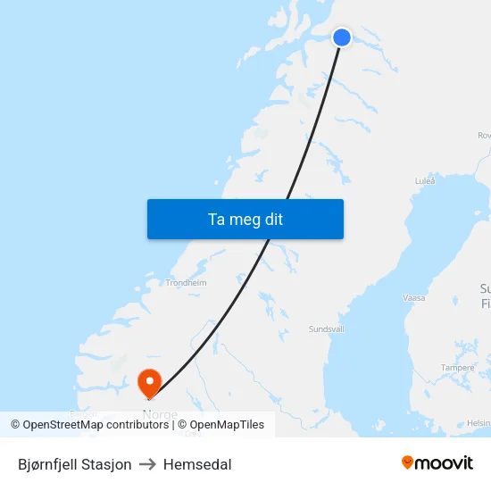 Bjørnfjell Stasjon to Hemsedal map