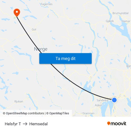 Helsfyr T to Hemsedal map