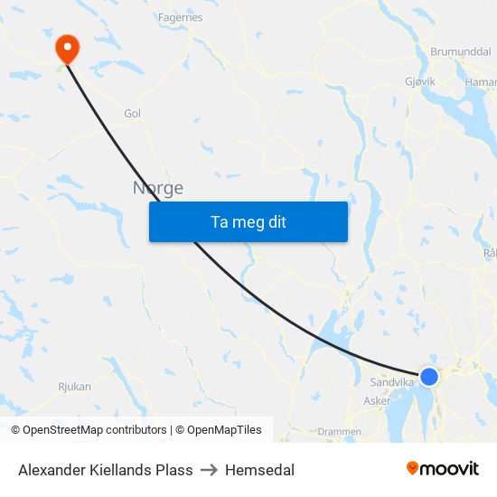 Alexander Kiellands Plass to Hemsedal map