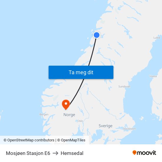 Mosjøen Stasjon E6 to Hemsedal map