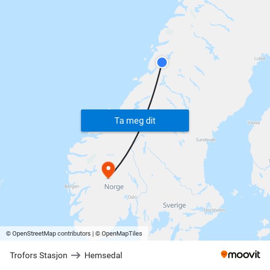 Trofors Stasjon to Hemsedal map