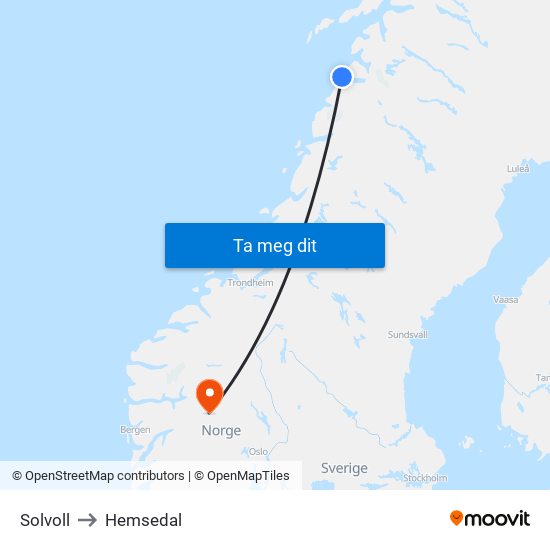 Solvoll to Hemsedal map