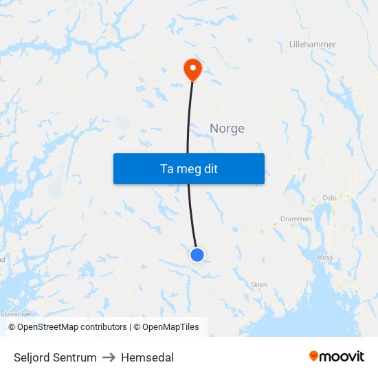 Seljord Sentrum to Hemsedal map