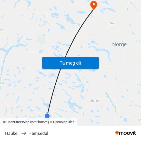 Haukeli to Hemsedal map