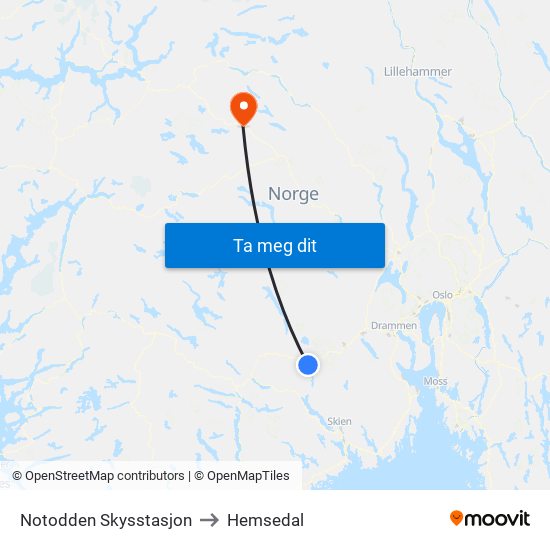 Notodden Skysstasjon to Hemsedal map