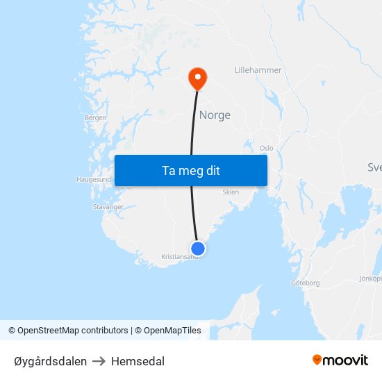 Øygårdsdalen to Hemsedal map