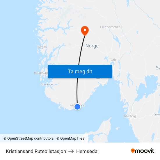 Kristiansand Rutebilstasjon to Hemsedal map