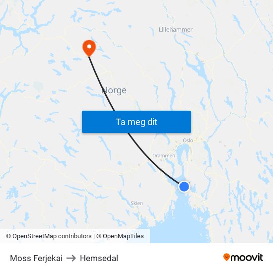 Moss Ferjekai to Hemsedal map