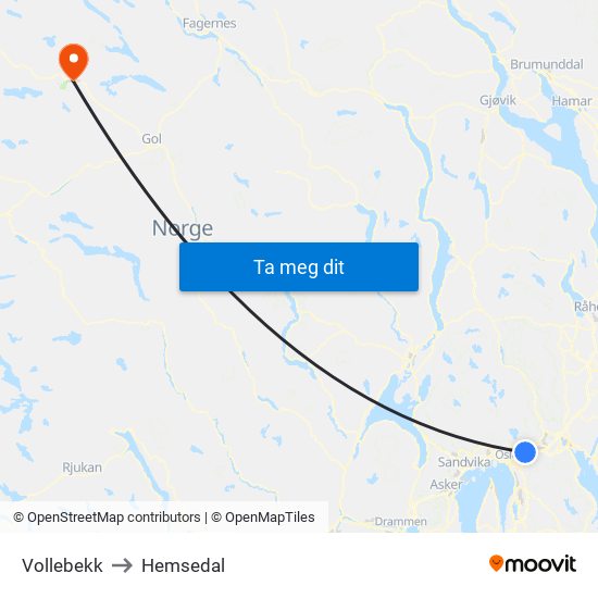 Vollebekk to Hemsedal map