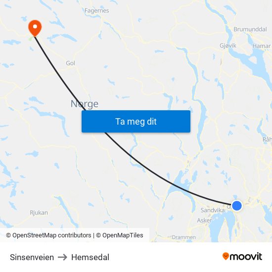 Sinsenveien to Hemsedal map