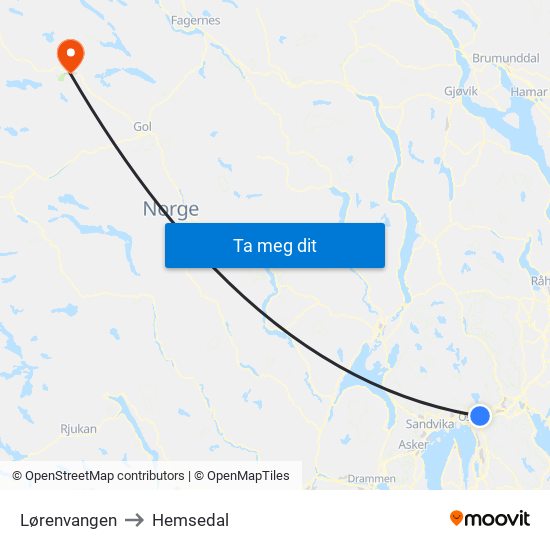 Lørenvangen to Hemsedal map