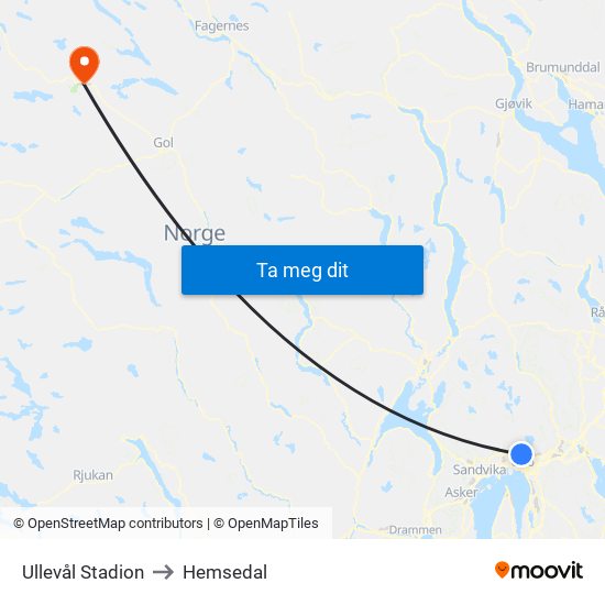 Ullevål Stadion to Hemsedal map