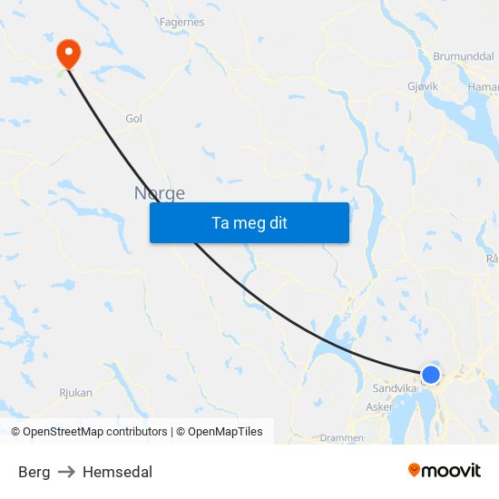 Berg to Hemsedal map