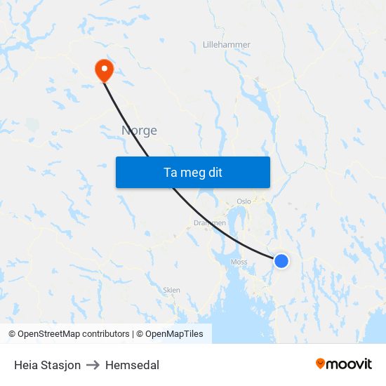 Heia Stasjon to Hemsedal map