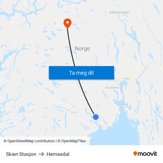 Skien Stasjon to Hemsedal map