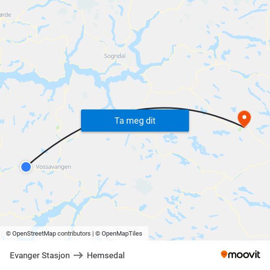 Evanger Stasjon to Hemsedal map