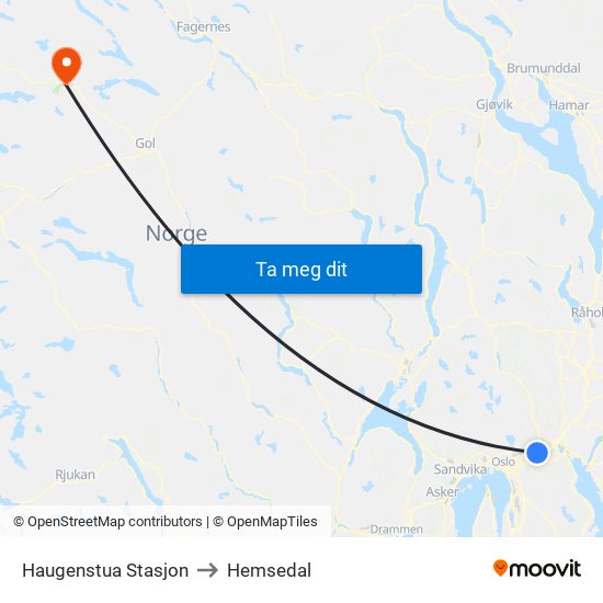 Haugenstua Stasjon to Hemsedal map