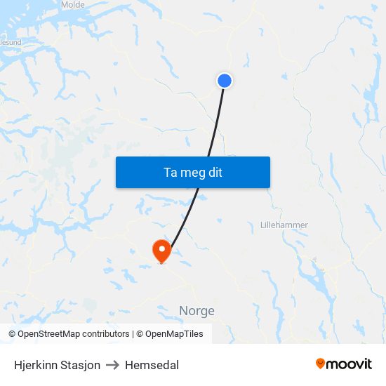 Hjerkinn Stasjon to Hemsedal map