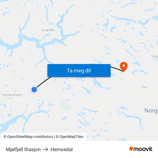 Mjølfjell Stasjon to Hemsedal map