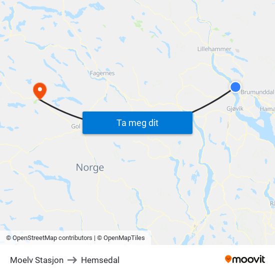 Moelv Stasjon to Hemsedal map
