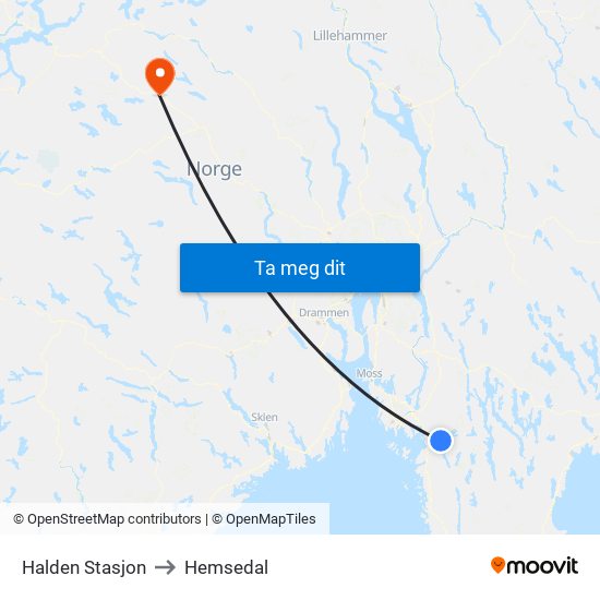 Halden Stasjon to Hemsedal map