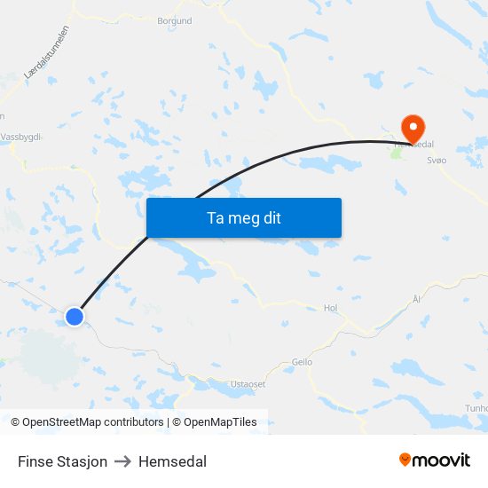 Finse Stasjon to Hemsedal map