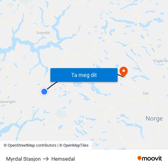 Myrdal Stasjon to Hemsedal map