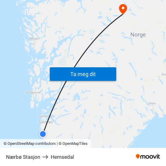 Nærbø Stasjon to Hemsedal map