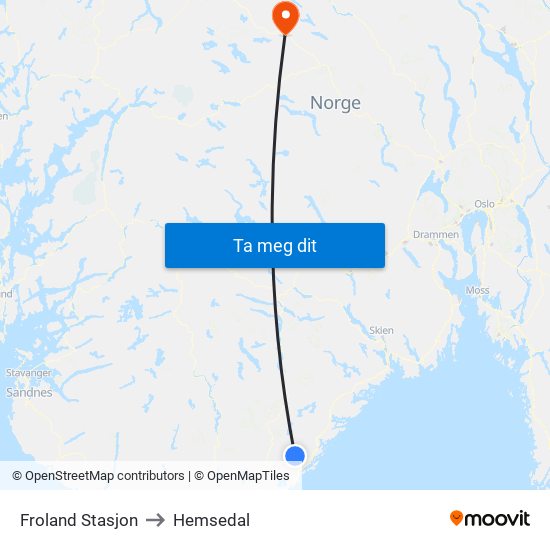 Froland Stasjon to Hemsedal map