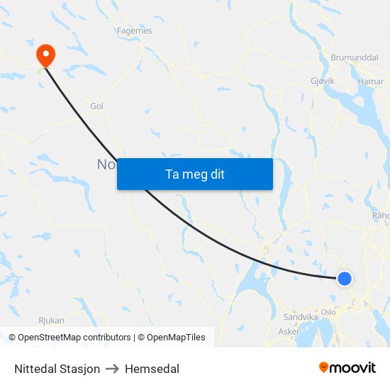Nittedal Stasjon to Hemsedal map