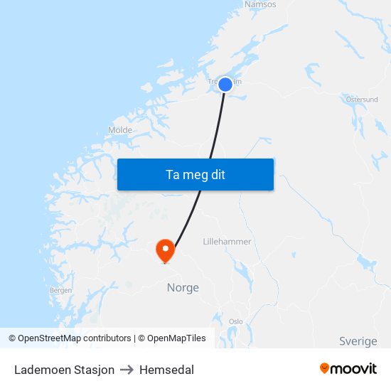 Lademoen Stasjon to Hemsedal map