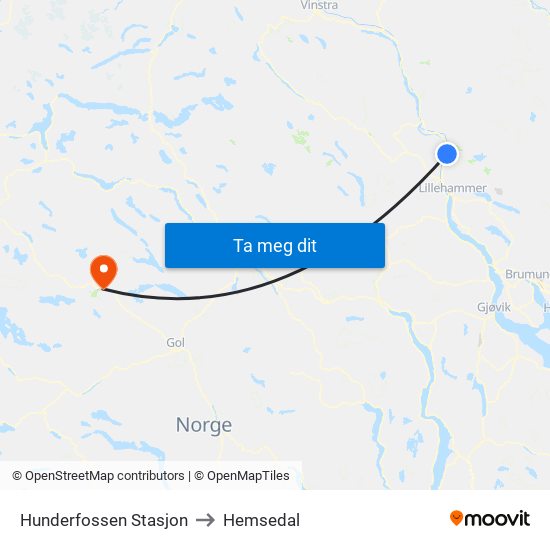 Hunderfossen Stasjon to Hemsedal map