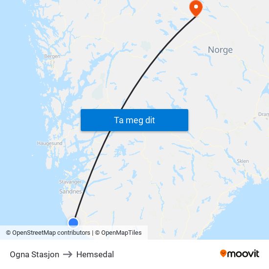 Ogna Stasjon to Hemsedal map
