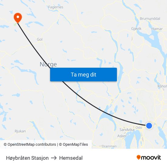 Høybråten Stasjon to Hemsedal map