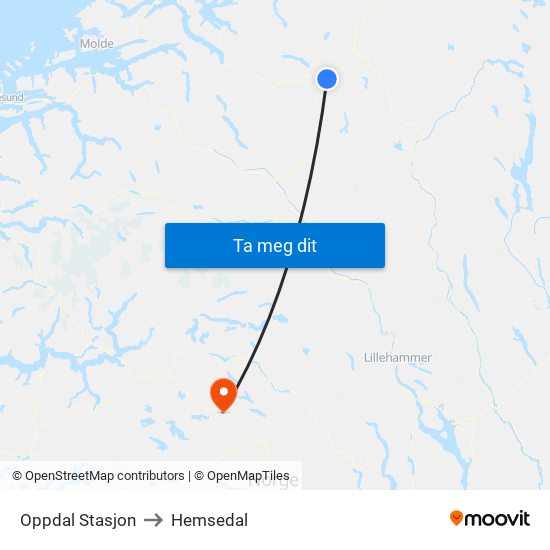Oppdal Stasjon to Hemsedal map