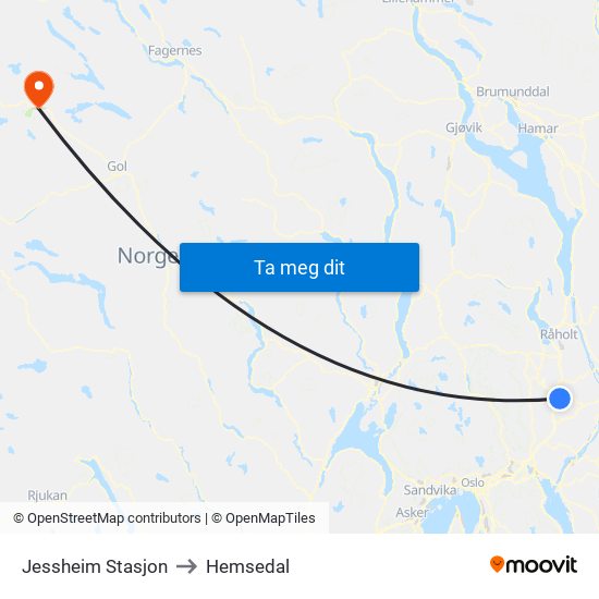 Jessheim Stasjon to Hemsedal map