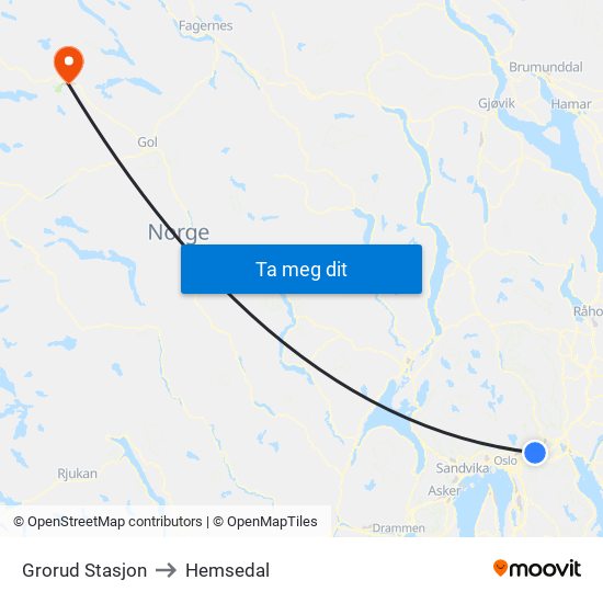 Grorud Stasjon to Hemsedal map